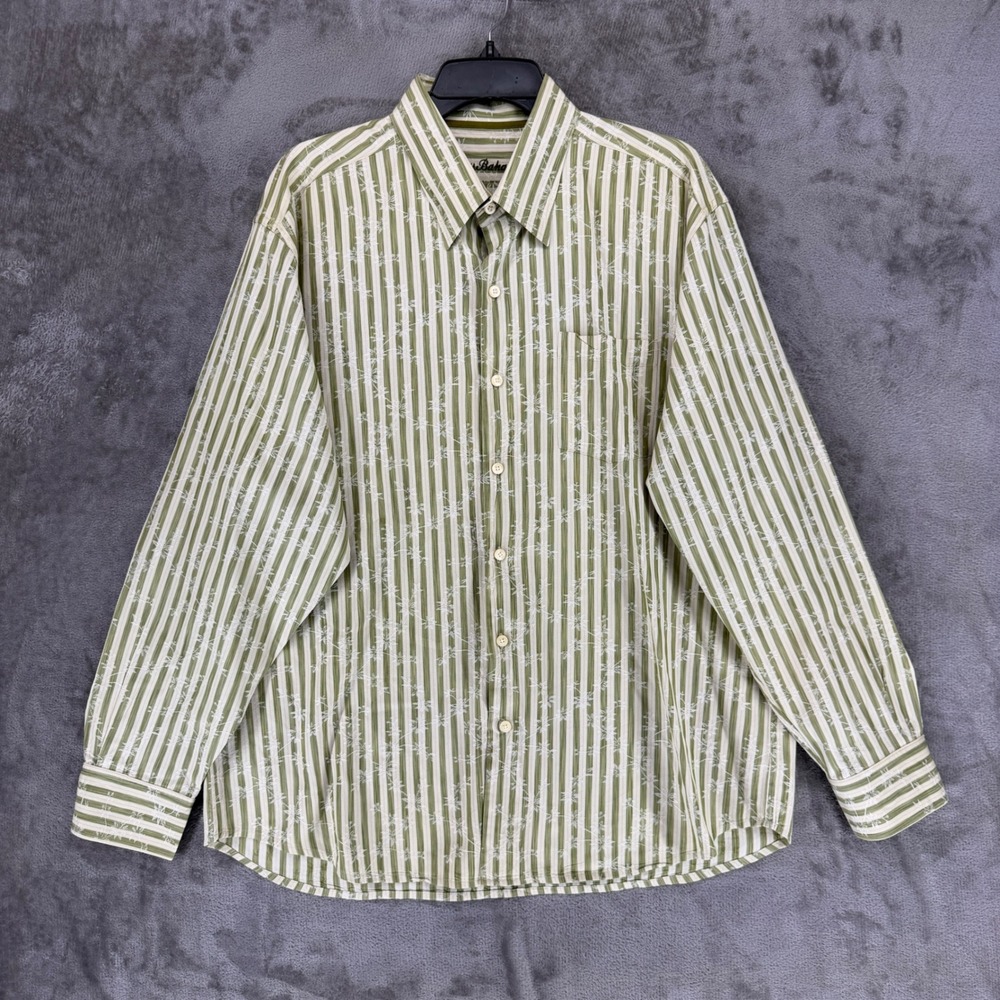 Tommy Bahama Mens XL Olive Green Striped Floral Silk Blend Button Down Shirt